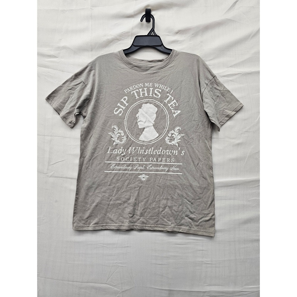 Bridgerton Womens Lady Whistledown Graphic T-Shirt Taupe Cotton Blend Size Small
